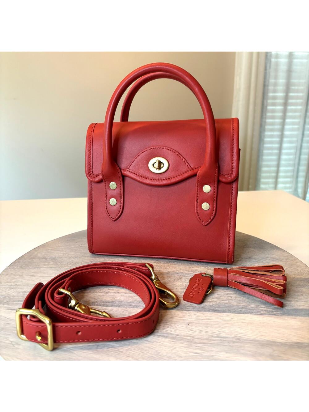 JW J.W. Hulme Red Leather Mini Satchel Crossbody Bag Purse Tassel USA Turn Lock
